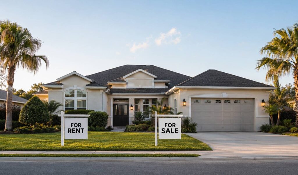 Renting vs. buying in Jacksonville: a house between a For Rent sign and a For Sale sign