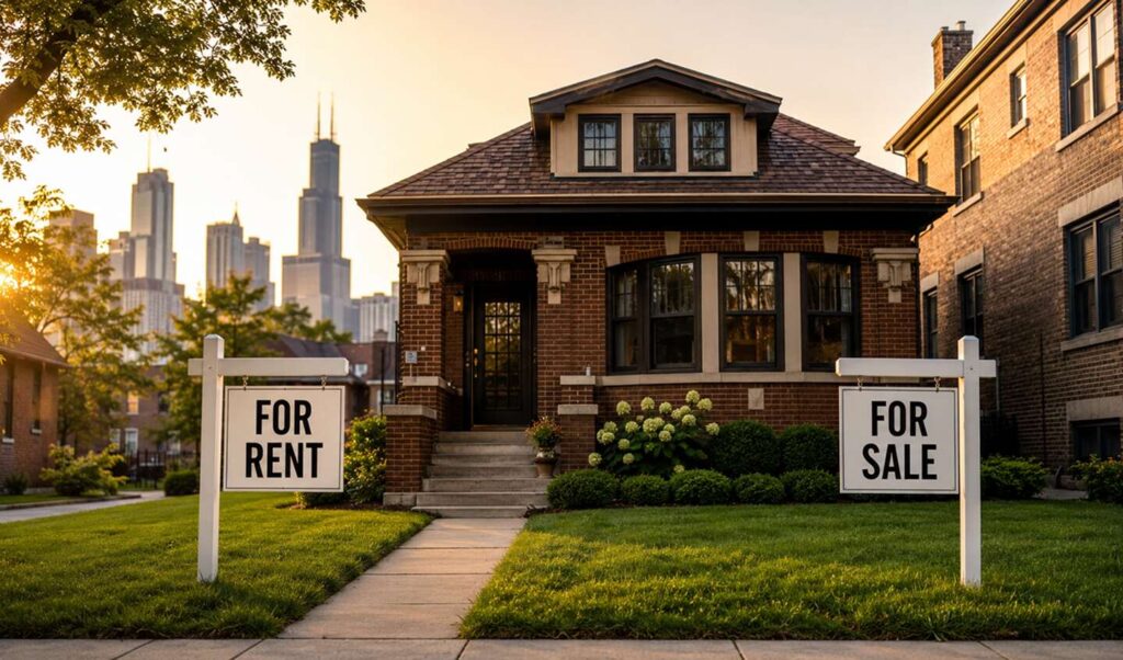 Renting vs. buying in Chicago: a home between a For Rent sign and a For Sale sign