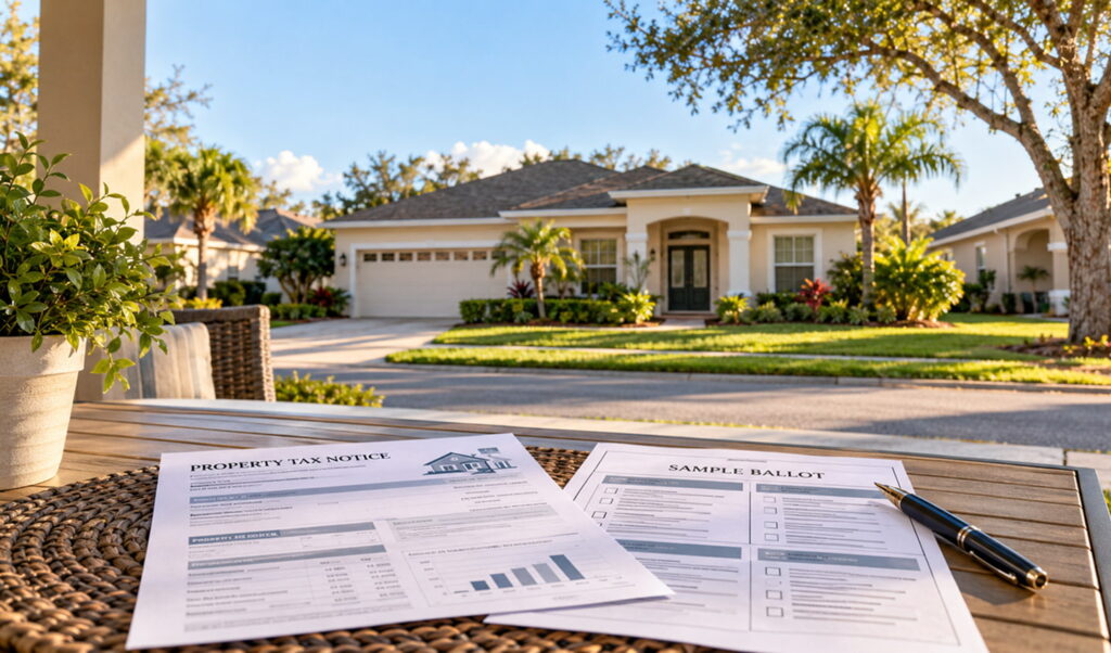 Florida Amendment 3 explained for Jacksonville homeowners, with a Duval County tax notice and sample ballot